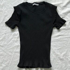 Zara Black Ruffled Sleeve Ribbed Top